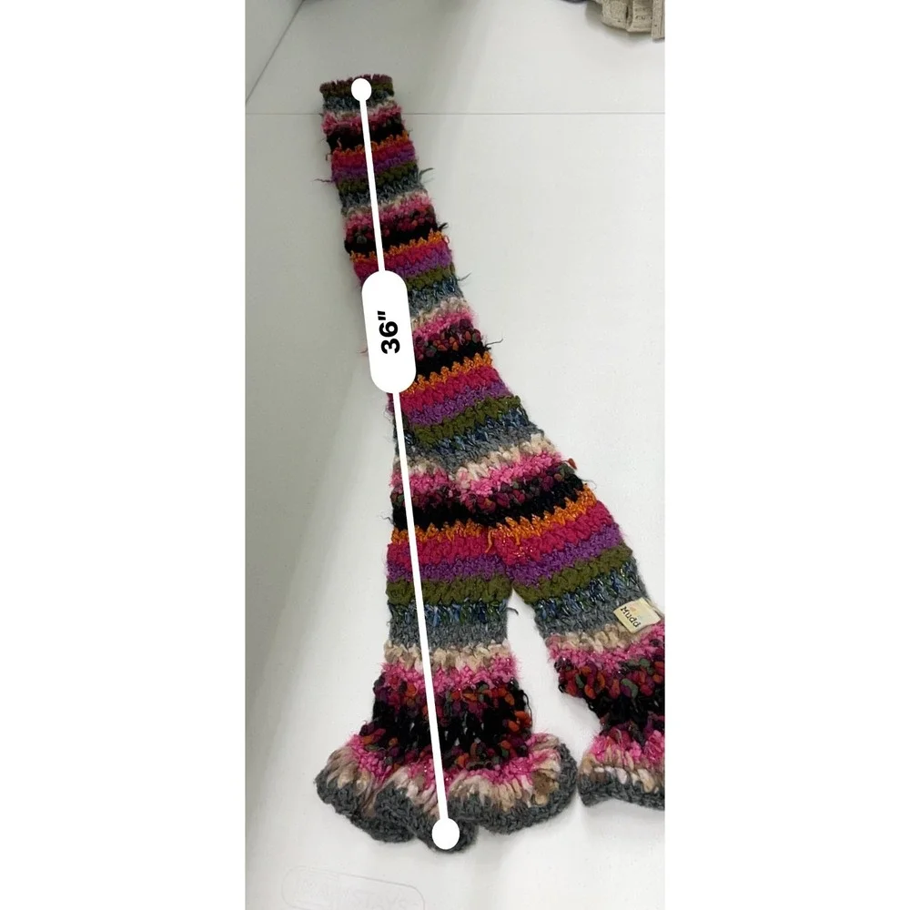 Vintage Mudd Y2K Chunky Knit Crochet Scarf Multicolor Boho Ruffle Edge Striped